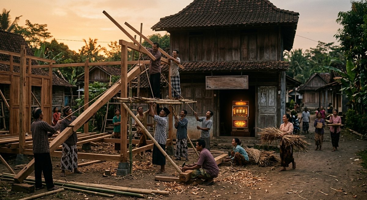 Warga kampung bergotong royong membangun rumah kayu di depan toko tua dengan papan nama dan kabinet slot menyala redup