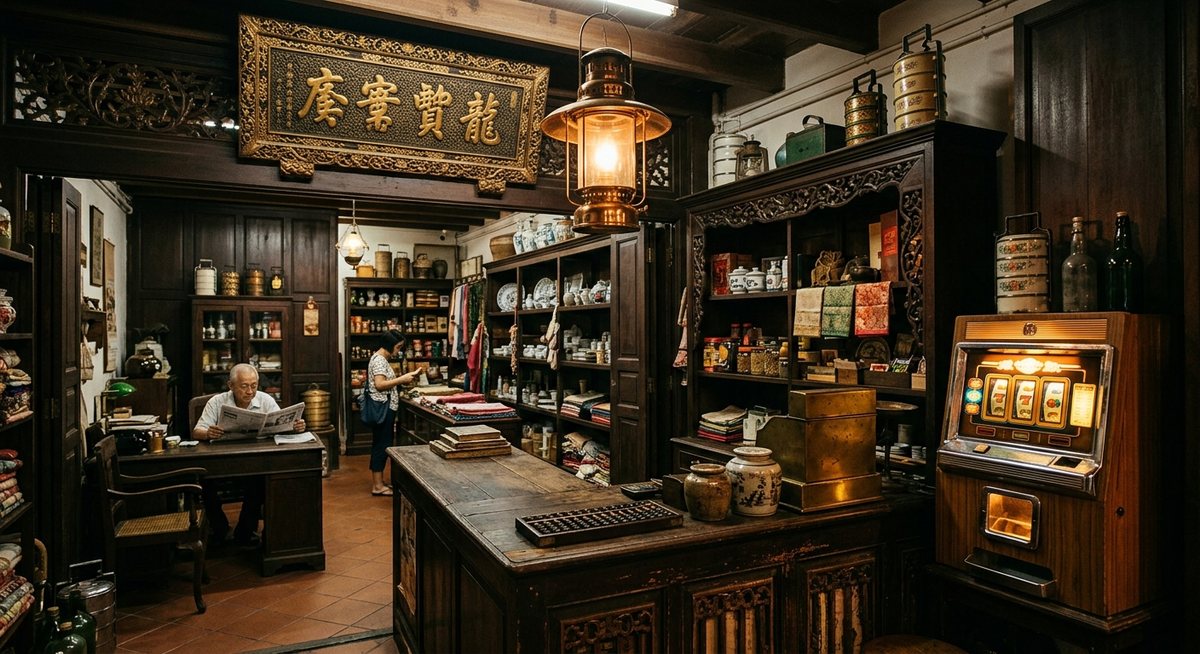 Toko tua bergaya peranakan dengan papan nama kayu tergantung, abacus di meja kasir, dan kabinet mesin slot menyala hangat di sudut ruangan